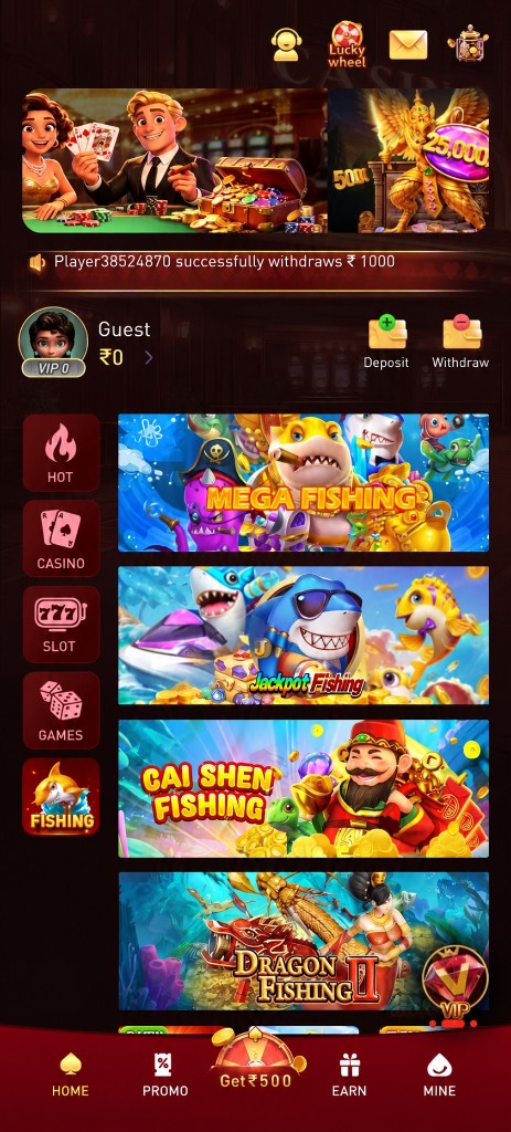 ic7 game Android lobby with Hot, Casino, Slot, and Fishing